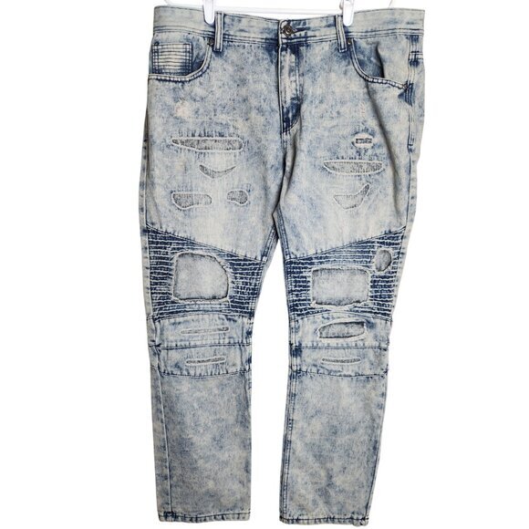 True‎ Rock Mens Jeans 38x34 Acid Wash Blue Denim Drexler 14 Distressed - Picture 1 of 6